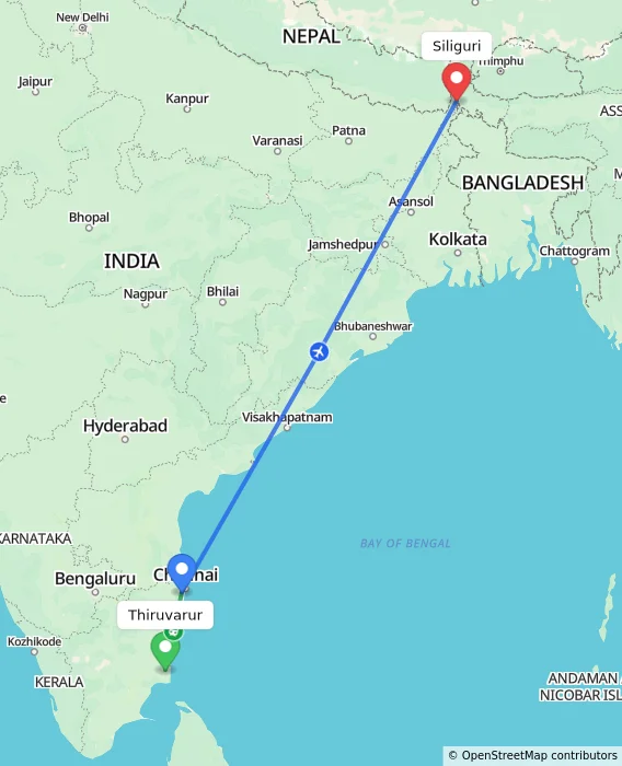 Route map showing distance and travel time from Thiruvarur, India to Siliguri, India