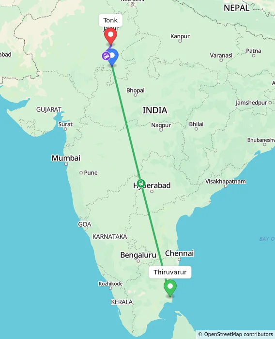 Route map showing distance and travel time from Thiruvarur, India to Tonk, India