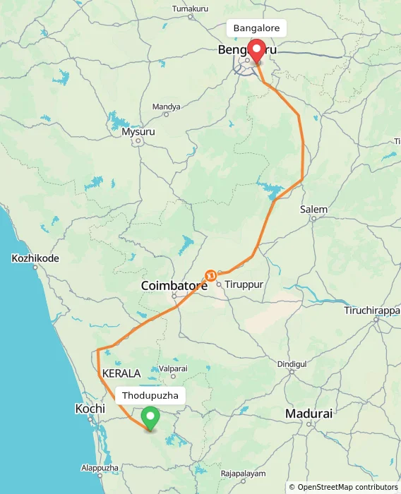 Route map showing distance and travel time from Thodupuzha, India to Bangalore, India