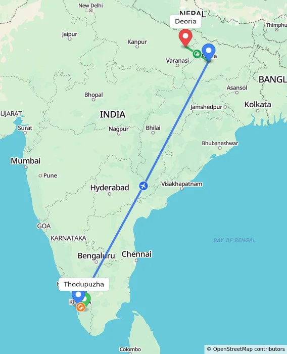 Route map showing distance and travel time from Thodupuzha, India to Deoria, India