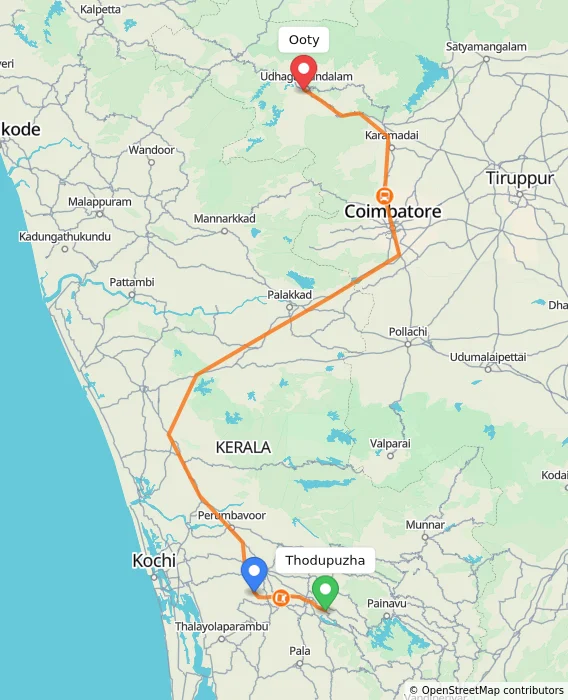 Route map showing distance and travel time from Thodupuzha, India to Ooty, India