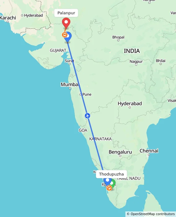 Route map showing distance and travel time from Thodupuzha, India to Palanpur, India