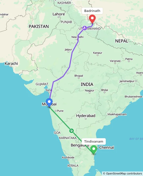 Route map showing distance and travel time from Tindivanam, India to Badrinath, India