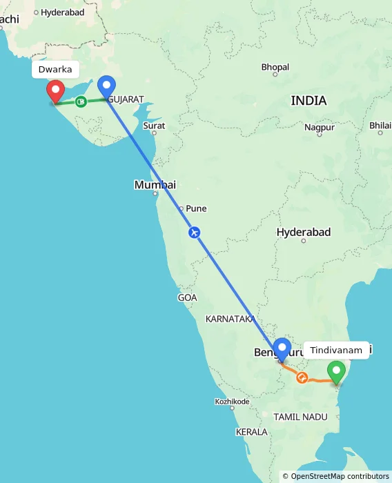 Route map showing distance and travel time from Tindivanam, India to Dwarka, India