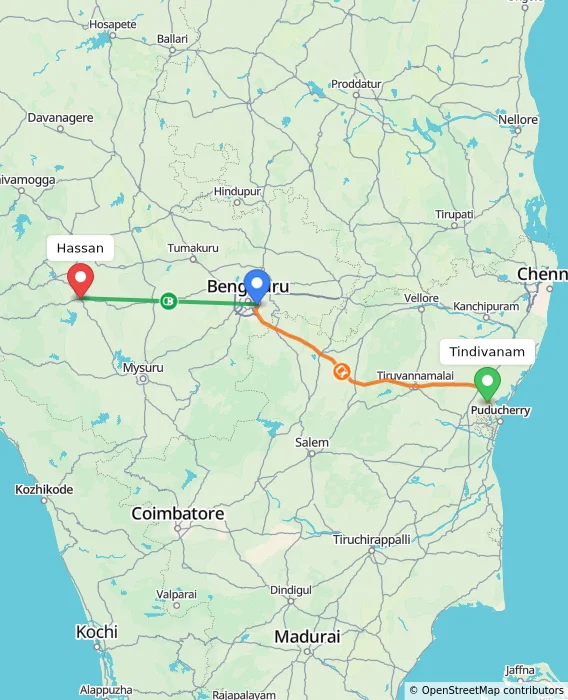 Route map showing distance and travel time from Tindivanam, India to Hassan, India
