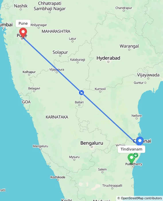 Route map showing distance and travel time from Tindivanam, India to Pune, India