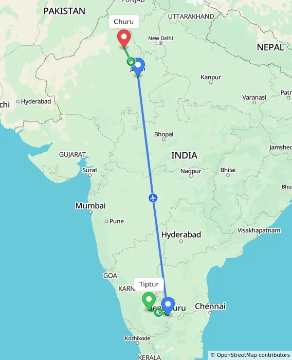 Route map showing distance and travel time from Tiptur, India to Churu, India