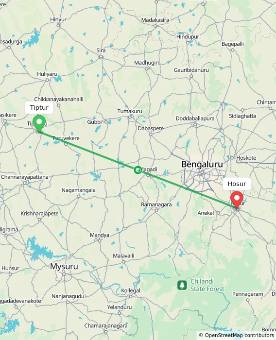 Route map showing distance and travel time from Tiptur, India to Hosur, India