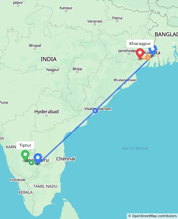 Route map showing distance and travel time from Tiptur, India to Kharagpur, India