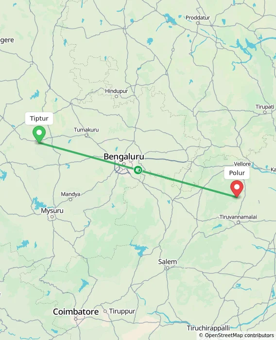 Route map showing distance and travel time from Tiptur, India to Polur, India