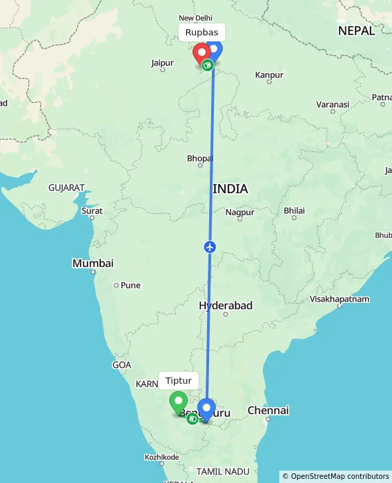 Route map showing distance and travel time from Tiptur, India to Rupbas, India