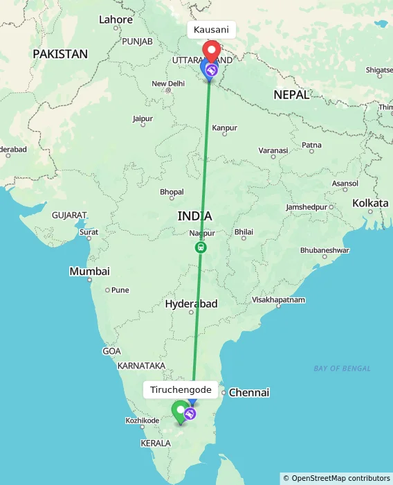 Route map showing distance and travel time from Tiruchengode, India to Kausani, India