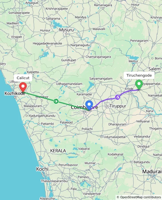 Route map showing distance and travel time from Tiruchengode, India to Kozhikode, India