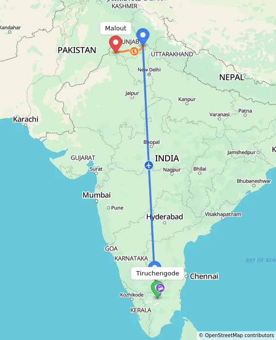 Route map showing distance and travel time from Tiruchengode, India to Malout, India