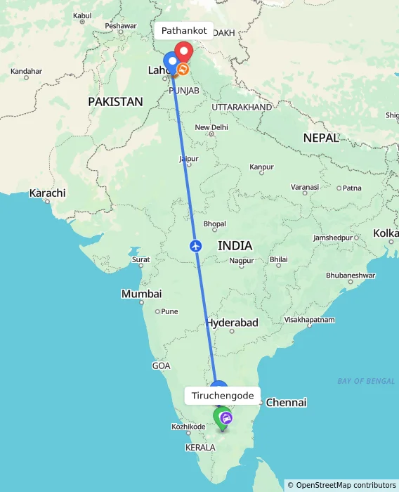 Route map showing distance and travel time from Tiruchengode, India to Pathankot, India