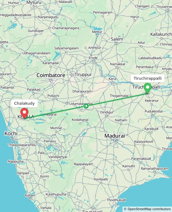 Route map showing distance and travel time from Tiruchirappalli, India to Chalakudy, India