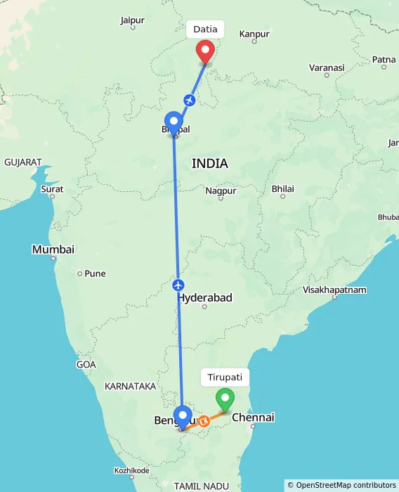 Route map showing distance and travel time from Tirupati, India to Datia, India