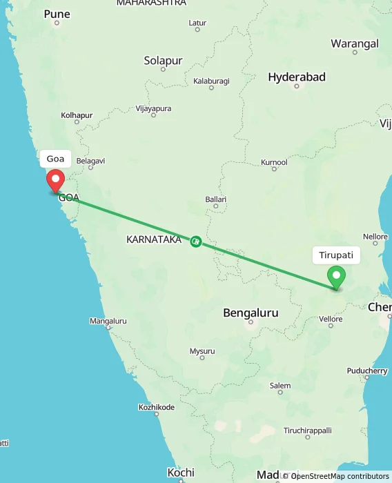 Route map showing distance and travel time from Tirupati, India to Goa, India