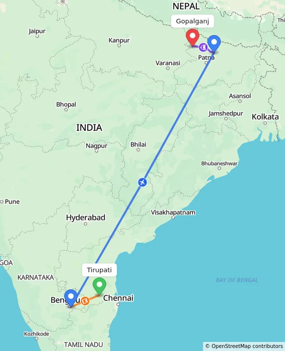 Route map showing distance and travel time from Tirupati, India to Gopalganj, India