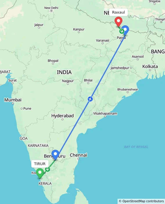Route map showing distance and travel time from TIRUR, India to Raxaul, India