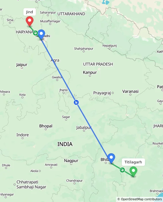 Route map showing distance and travel time from Titilagarh, India to Jind, India