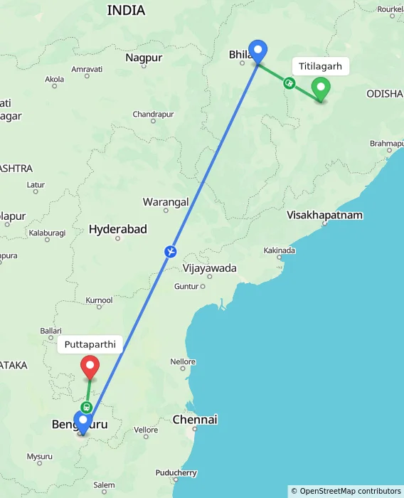 Route map showing distance and travel time from Titilagarh, India to Puttaparthi, India