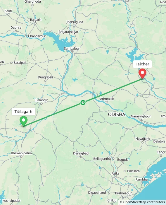 Route map showing distance and travel time from Titilagarh, India to Talcher, India