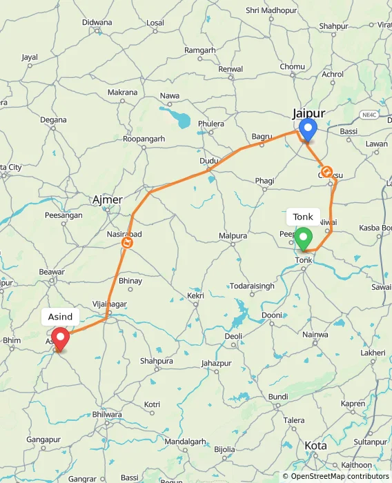 Route map showing distance and travel time from Tonk, India to Asind, India
