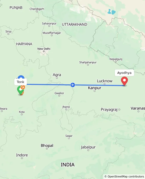 Route map showing distance and travel time from Tonk, India to Ayodhya, India