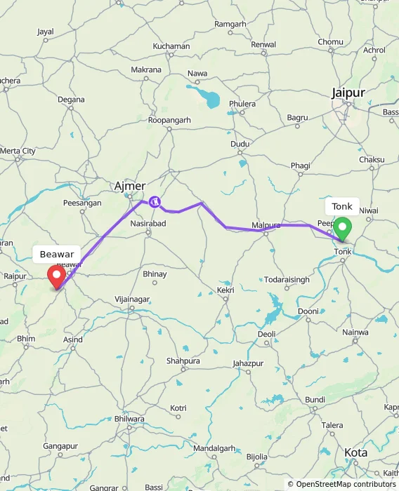 Route map showing distance and travel time from Tonk, India to Beawar, India