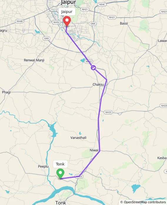 Route map showing distance and travel time from Tonk, India to Jaipur, India