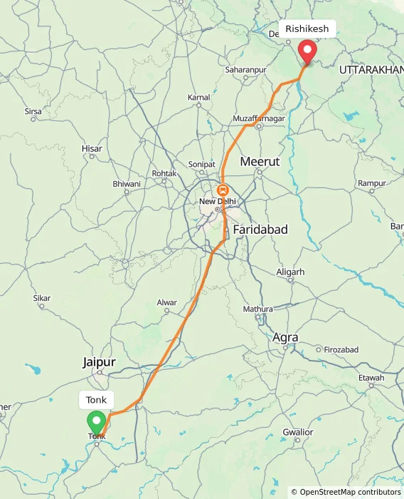 Route map showing distance and travel time from Tonk, India to Rishikesh, India