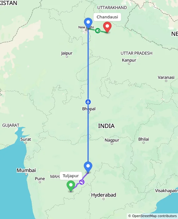 Route map showing distance and travel time from Tuljapur, India to Chandausi, India
