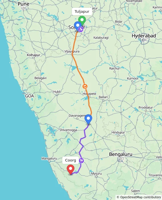 Route map showing distance and travel time from Tuljapur, India to Madikeri, India