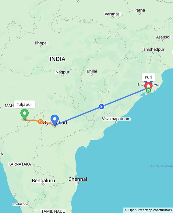 Route map showing distance and travel time from Tuljapur, India to Puri, India