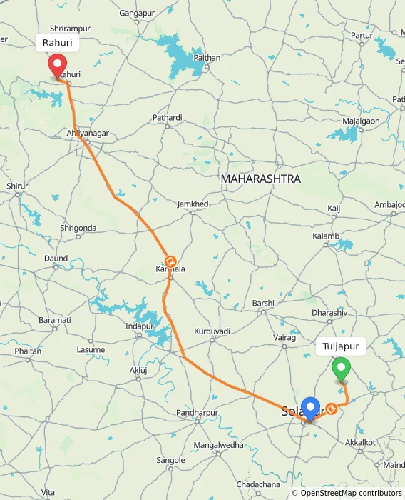 Route map showing distance and travel time from Tuljapur, India to Rahuri, India