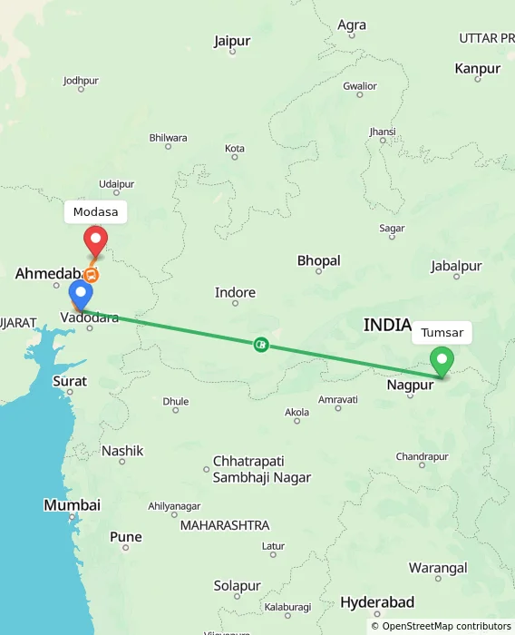 Route map showing distance and travel time from Tumsar, India to Modasa, India