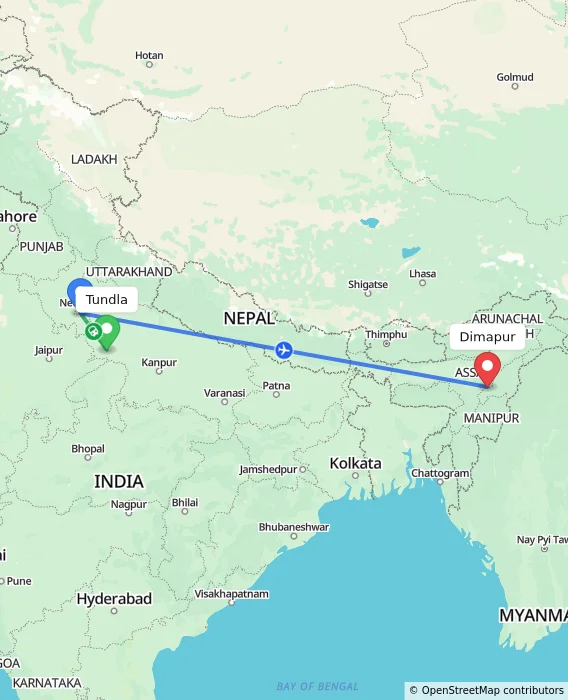 Route map showing distance and travel time from Tundla, India to Dimapur, India