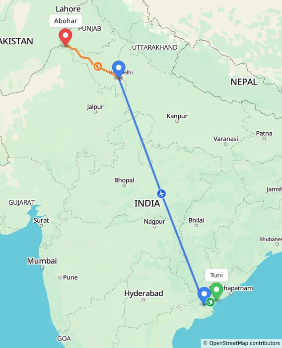 Route map showing distance and travel time from Tuni, India to Abohar, India