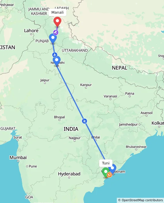 Route map showing distance and travel time from Tuni, India to Manali, India