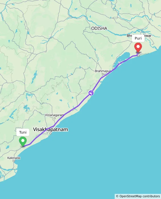 Route map showing distance and travel time from Tuni, India to Puri, India