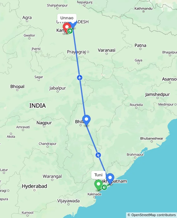 Route map showing distance and travel time from Tuni, India to Unnao, India