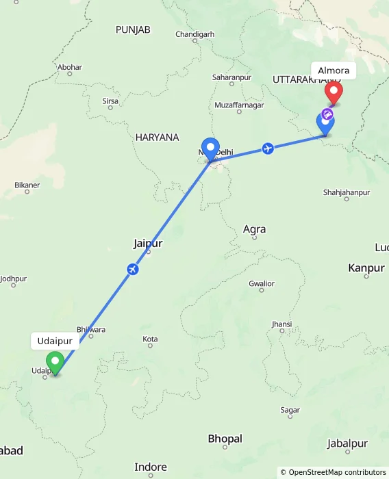 Route map showing distance and travel time from Udaipur, India to Almora, India