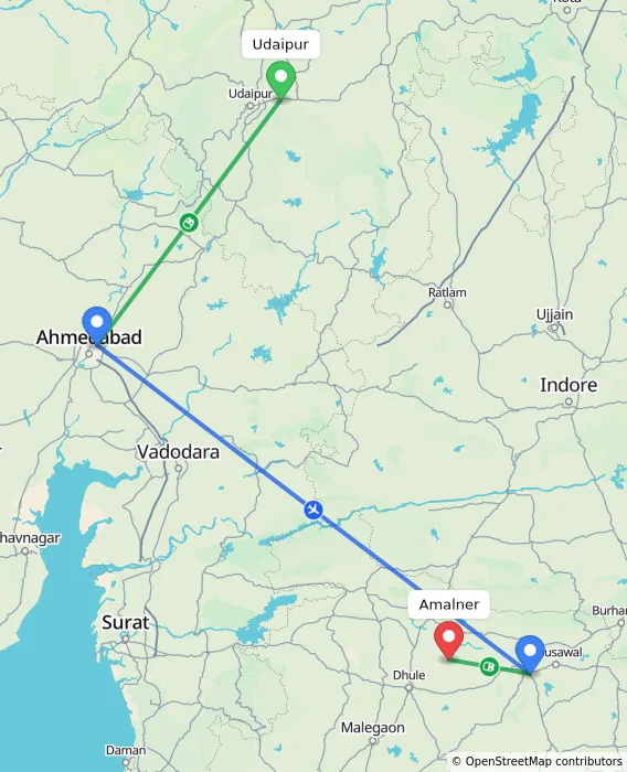 Route map showing distance and travel time from Udaipur, India to Amalner, India