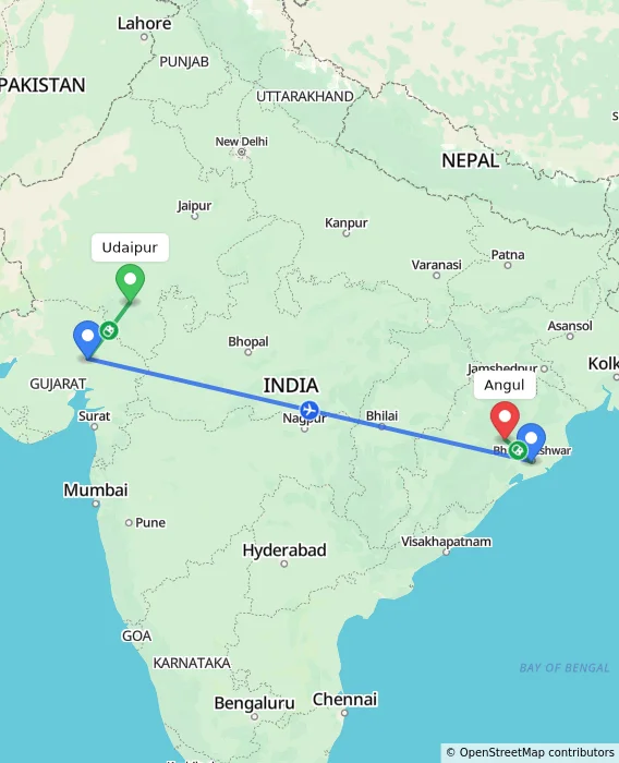 Route map showing distance and travel time from Udaipur, India to Angul, India