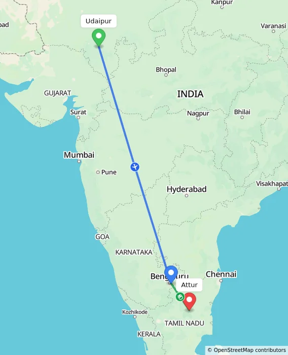 Route map showing distance and travel time from Udaipur, India to Attur, India