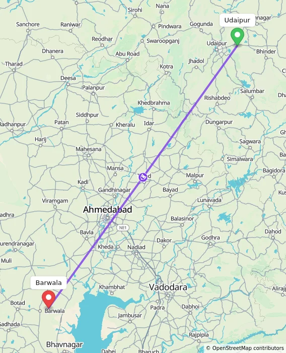 Route map showing distance and travel time from Udaipur, India to Barwala, India