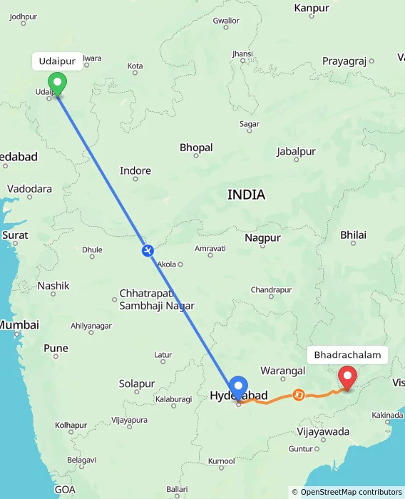 Route map showing distance and travel time from Udaipur, India to Bhadrachalam, India