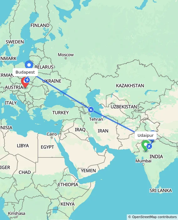 Route map showing distance and travel time from Udaipur, India to Budapest, Hungary