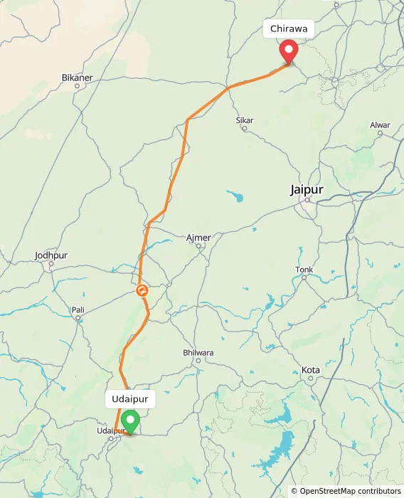Route map showing distance and travel time from Udaipur, India to Chirawa, India